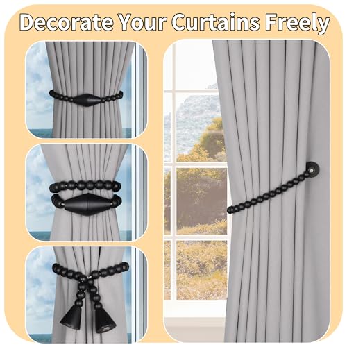 Meplait Magnetic Curtain Tiebacks, 2 Pack Boho Curtain Tie Backs, Black - color: Black-cone