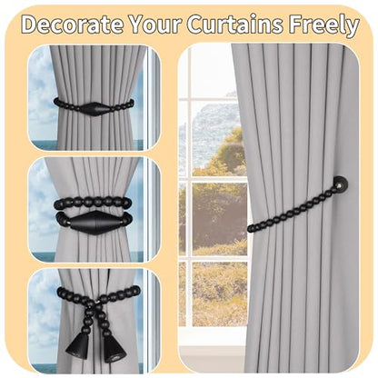 Meplait Magnetic Curtain Tiebacks, 2 Pack Boho Curtain Tie Backs, Black - color: Black-cone