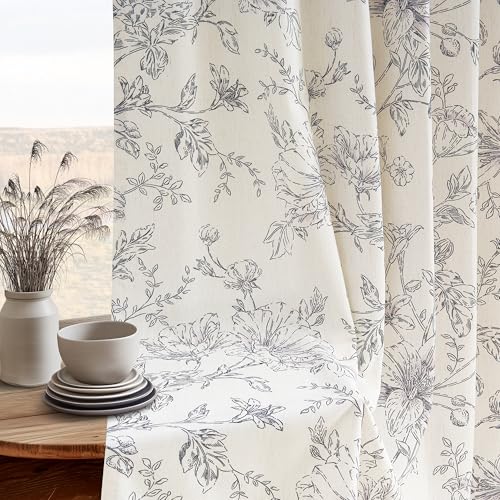 Rustic Boho Black Floral Pinch Pleat Linen Kitchen Curtains 36 Inch Length - color: Black, size: 40"W x 36"L (Pack of 2)