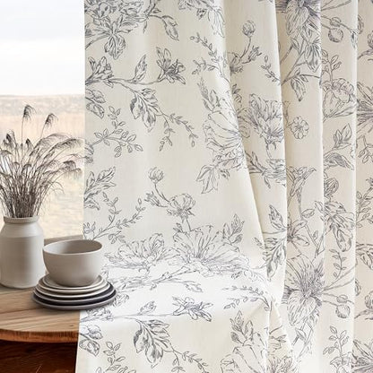 Rustic Boho Black Floral Pinch Pleat Linen Kitchen Curtains 36 Inch Length - color: Black, size: 40"W x 36"L (Pack of 2)