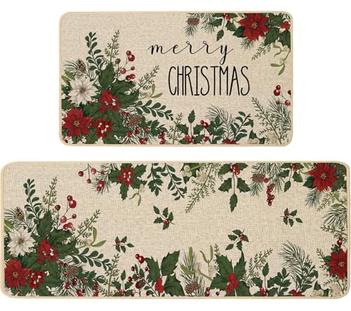 Baccessor Christmas Kitchen Rugs Set of 2, 17x29 and 17x47 Inch - color: Holly Berry