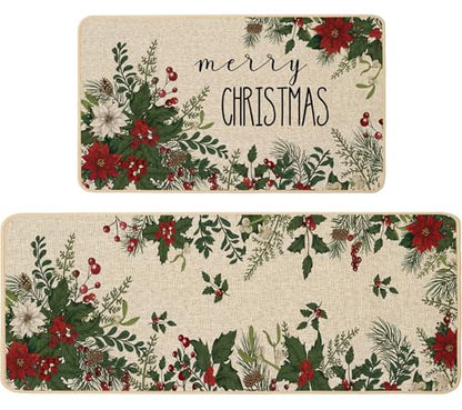 Baccessor Christmas Kitchen Rugs Set of 2, 17x29 and 17x47 Inch - color: Holly Berry