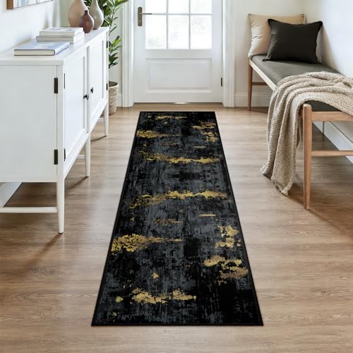 RELEANY Washable Runner 2'x7' Abstract Area Rug for Hallway Black Gold - color: Black/Gold, size: 2' x 7' (Runner)
