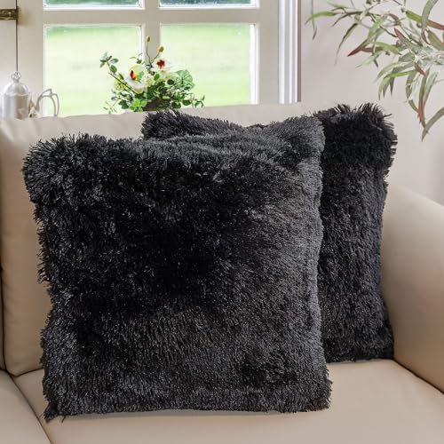 Cheer Collection Throw Pillows for Couch and Bed, Soft Shaggy Throw Pillows with Inserts Included, Cozy Long Hair Faux Fur Pillows - Set of 2-18" x 18" - Black - color: Black, size: 18 x 18-Inch
