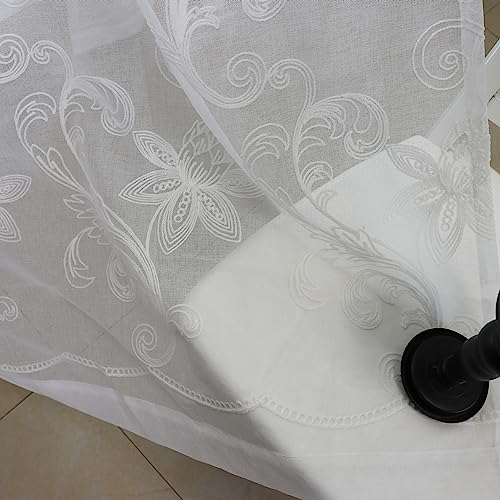 SLOW SOUL Set of 2 Panels White Lotus Floral Sheer Curtains Modern Semi Sheer Embroidered Curtains & Drapes for Bedroom Living Room Rod Pocket 54W X 96L inch