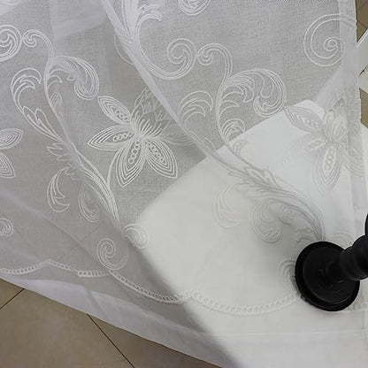 SLOW SOUL Set of 2 Panels White Lotus Floral Sheer Curtains Modern Semi Sheer Embroidered Curtains & Drapes for Bedroom Living Room Rod Pocket 54W X 96L inch