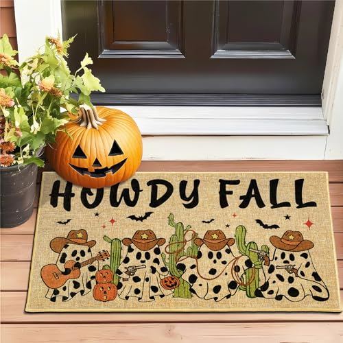 Funny Ghost Doormat Western Mats Outdoor Indoor Welcome Entrance Floor Rugs | Mat for front door, Halloween floor decor, non slip backing, durable, low profile, for living room bedroom patio porch home - color: Howdy