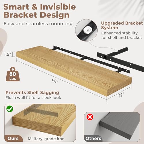 48 Inch Floating Shelves for Wall 2 Pack, 12"D Wood Grain Bathroom Shelves - color: (B.o.) Natural Oak Finish, size: 48"W x 12"D x 1.5"H, 2 Pack