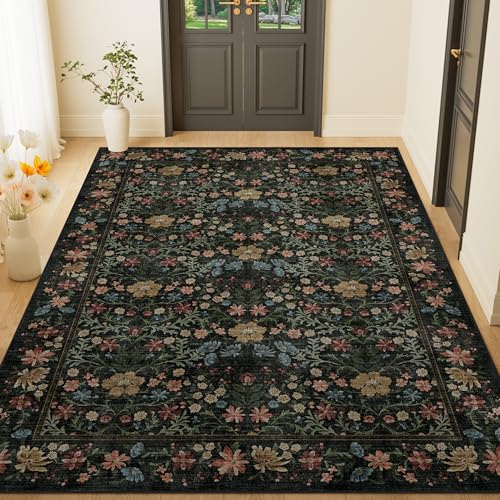 DUKINO 4x6 Rug for Living Room, Washable Vintage Floral Area Rug, Black - color: Black, size: 4' x 6' (Rectangular)