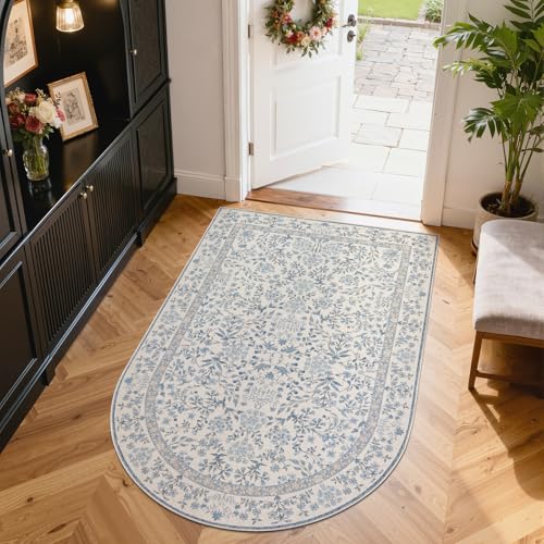 jinchan 4x6 Washable Entryway Area Rug, Vintage Blue Floral Non-Slip - color: Blue/Cream, size: 3'7" x 5'5" (U-Shape)