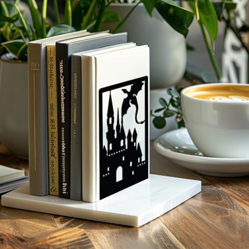 Peacoblue 4.7"x3.5"x7" Metal Bookends, Heavy Duty Book Ends for Shelves - color: Dragon Castle
