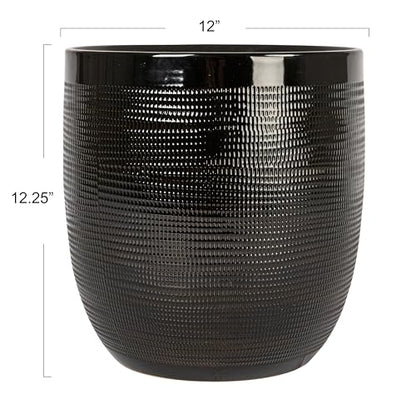 Creative Co-Op Embossed Textured Stoneware Planter, Matte Black - color: Matte Black