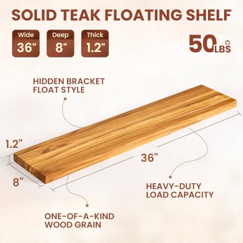 36 Inch Teak Floating Shelves, Set of 2 – Wall Mount Shelves for Bathroom - color: Raw Teak, size: 36"L, 2-Pack