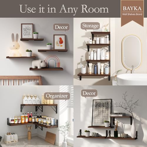 BAYKA Wall Mounted Floating Shelves (Walnut-Like, Set of 4, 16" Mixed) - color: D. Dark Brown Board & Black Brackets, size: 16 inches Mixed