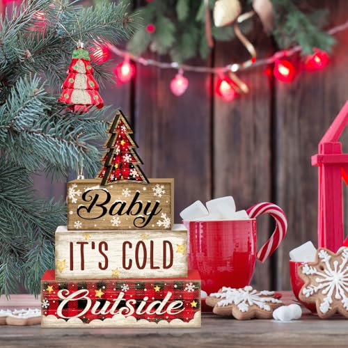 Britimes Tiered Tray Decor Set, 4 Pack, Wooden Table Sign, Plaid Farmhouse - color: Red