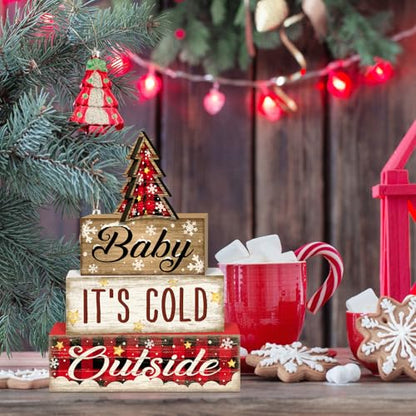 Britimes Tiered Tray Decor Set, 4 Pack, Wooden Table Sign, Plaid Farmhouse - color: Red
