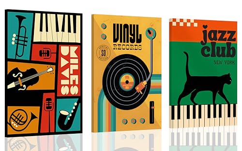 Framed 3Pcs Vintage Jazz Music Themed Canvas Print Wall Art 16x24 Inches - color: Yellow-green, size: 16x24Framed