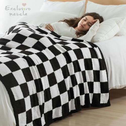 Exclusivo Mezcla Checkered Knit Blanket Twin Size for Bed, Black - color: Black, size: Twin (60"x80")
