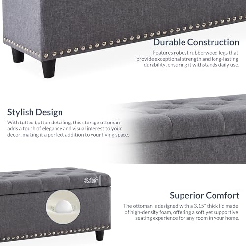 BELLEZE Storage Ottoman, Tufted Ottoman with Close Hinge, Foot Rest for Living Room (Gray, 47 inch) - color: Gray a