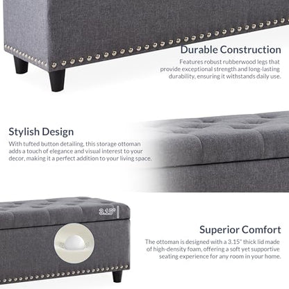 BELLEZE Storage Ottoman, Tufted Ottoman with Close Hinge, Foot Rest for Living Room (Gray, 47 inch) - color: Gray a