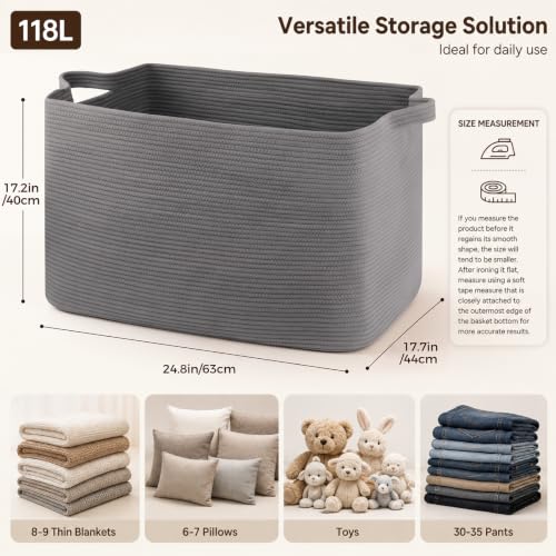 OIASKET 118L Extra Large Blanket Basket, 24.8" x 17.7" x 17.2" Woven Basket - color: Grey, size: 24.8"x17.7"x16.2"