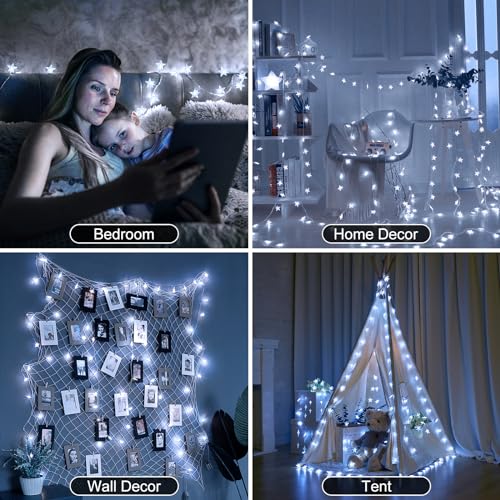 Star String Lights Plug in - 33 ft 100 LED Star Fairy String Lights with Remote and Timer, 8 Modes Waterproof for Bedroom Tent Loft Bed Window Backyard Patio Porch Balcony Staircase Party, White - color: Star - White - 33 FT