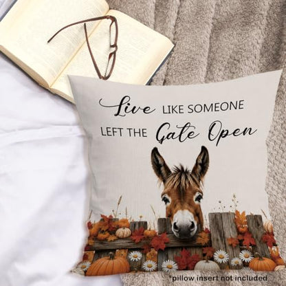 Fall Donkey Daisy Floral Pumpkin Leaves Throw Pillow Covers 18x18 - color: Donkey-02