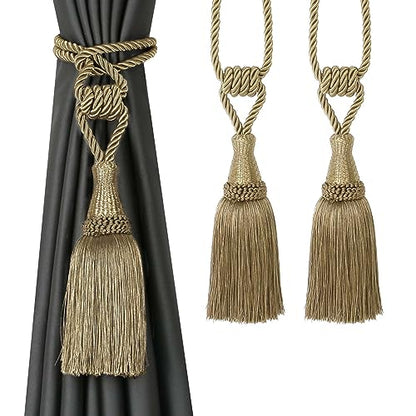BEL AVENIR 2 Pack Tassel Curtain Tiebacks Handmade Holdbacks (Gold) - color: Gold, size: 2 Pack