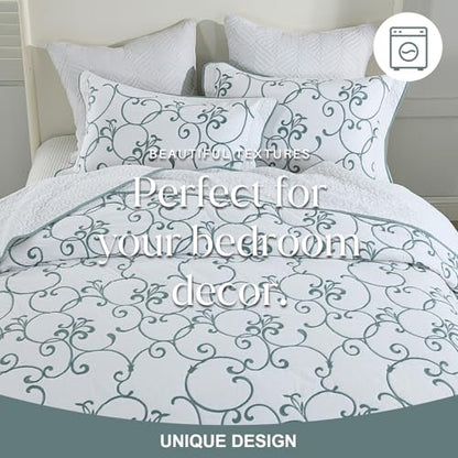 Oversized Queen Bedspread 120"x102" - 100% Cotton Extra Large Quilt, Embroidered Bedspread Coverlet with Pillow Shams, Lightweight Quilted Bedding Set 3 Piece, Aqua Blue/White - color: White/Aqua Blue(turquoise), size: Oversized Queen(120"x102")