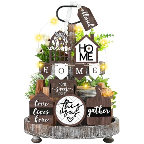 FairySandy 11 Pcs Home Tiered Tray Decor This is us Rustic Wooden Signs - style: Brown Style