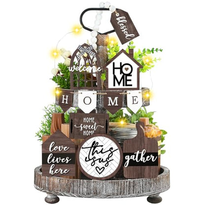 FairySandy 11 Pcs Home Tiered Tray Decor This is us Rustic Wooden Signs - style: Brown Style