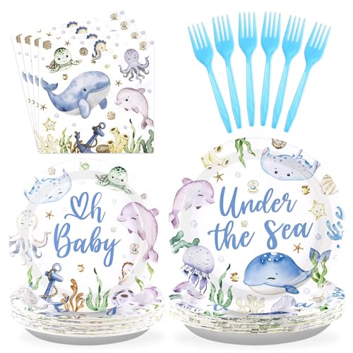 Grencian 96 Pcs Under the Sea Baby Shower Ocean Themed Supplies, Serves 24 - style: Under the Sea Kit