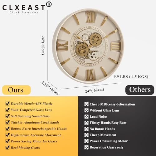 CLXEAST Mid Century Modern 24 Inch Moving Gear Walll Clock, Ivory &Gold - color: Modern Cream and Gold, size: 24 Inch