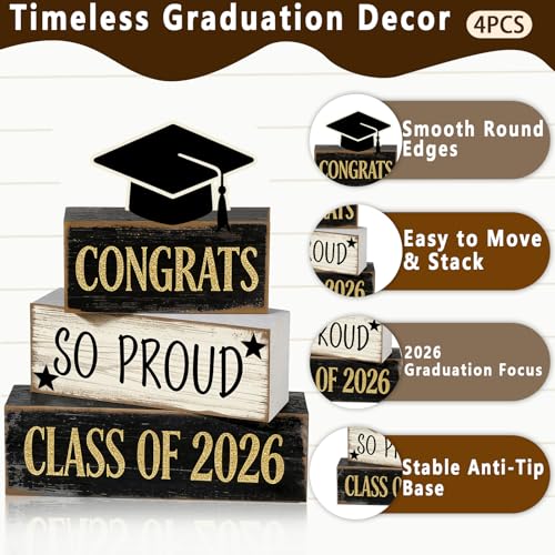 2026 Graduation Table Decorations Class of 2026 Senior Tiered Tray Decor Wooden Cap Block Signs Farmhouse Congrats Grad Tabletop Party Centerpiece for Tables Wooden Sign for Home Decor - style: Cap