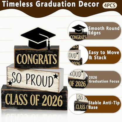 2026 Graduation Table Decorations Class of 2026 Senior Tiered Tray Decor Wooden Cap Block Signs Farmhouse Congrats Grad Tabletop Party Centerpiece for Tables Wooden Sign for Home Decor - style: Cap