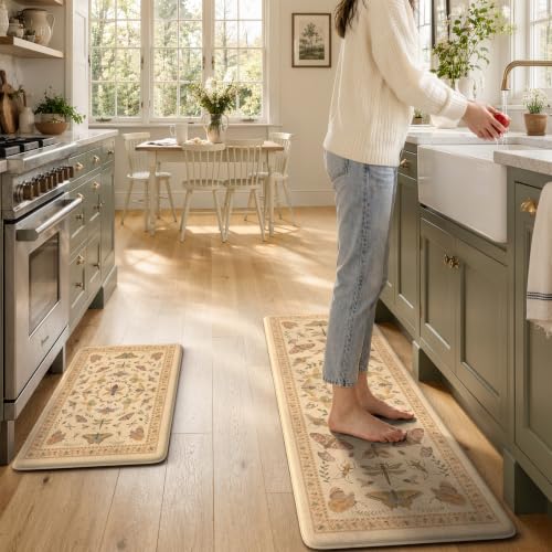 KIMODE Kitchen Mats for Floor 2 Piece Anti Fatigue Cushioned Kitchen Rugs - color: Cream Beige Botanical