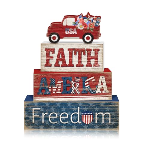 Britimes Tiered Tray Decor Set, 4 Pack, Wooden Table Sign, Independence - style: Independence Day Car