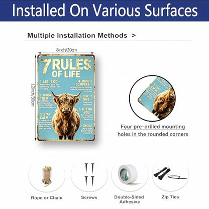 Inspirational 7 Rules Of Life Fluffy Highland Cow Design,Durable Rustproof Aluminum Wall Sign,Shabby Chic Kitchen Bedroom Accent, Uplifting Present Plaque 8x12 Inch - color: M2030-Cow1-6