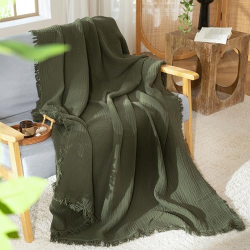 MooMee 100% Cotton Muslin Blanket, Fringed 4-Layer Gauze Bed Couch Throw - color: Olive Green, size: Throw