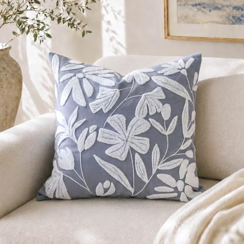 BlissBlush Decorative Throw Pillow Cover 20x20, Coastal Dusty Blue Velvet Accent Cushion Cover for Couch Sofa Living Room, Floral Tufted Square Pillowcase (Cover Only) - color: Dusty Blue, size: 20" x 20" (Pack of 1)