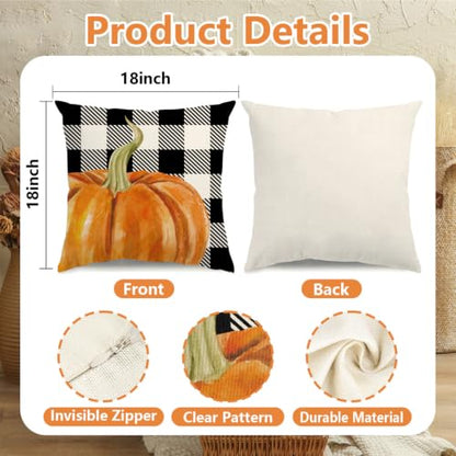 Fall Pillow Covers 18x18 Thanksgiving Farmhouse Decorations Buffalo Plaid Pumpkin Maple Leaf Outdoor Fall Decor Throw Pillow Covers Blessed Autumn Harvest Cushion Case for Sofa Couch Set of 4 - size: 18" x 18" (Pack of 4)