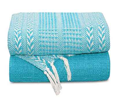 Cotton Throw Blankets - Set of Two - 50"x60" - Turquoise & Striped with Fringe - Rustic Ottoman & Batik Chair Blanket - Picnic Throw - color: Turquoise