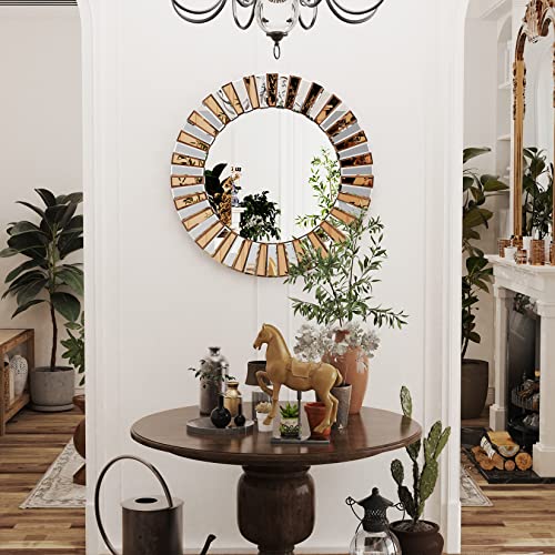 Decorative Round Mirror Sunburst: Silver-Brown Crystal Edge 23.6 in - size: 23.6"L x 23.6"W
