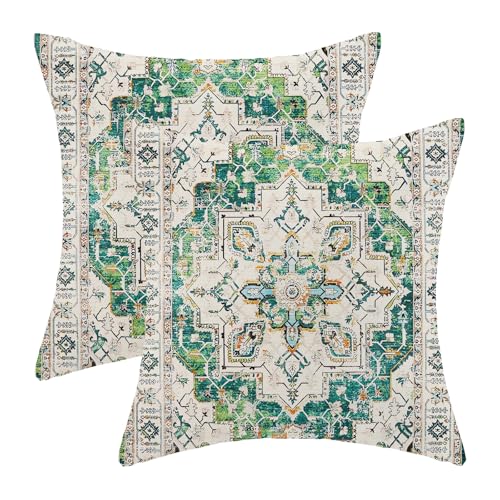 Boho Pillow Covers 18x18 Set of 2, Bohemian Carpet Pattern Green Decorative Throw Pillows Vintage Farmhouse Outdoor Farmhouse Pillows for Sofa Couch Bedroom Decor - color: Green1, size: 18" x 18" (Pack of 2)
