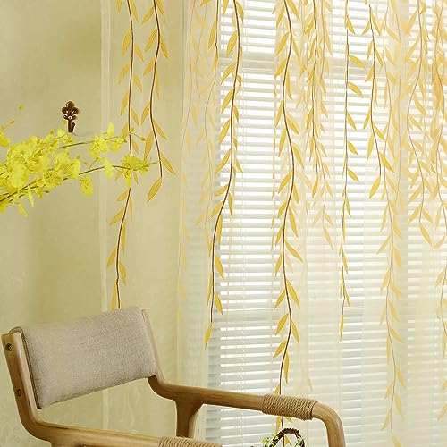 Ufurty 2pcs Willow Leaf Window Curtain Voile Tulle Sheer Vine Curtains - color: Yellow Leaf, size: 39.4"W x 78.7"L (Pack of 2)