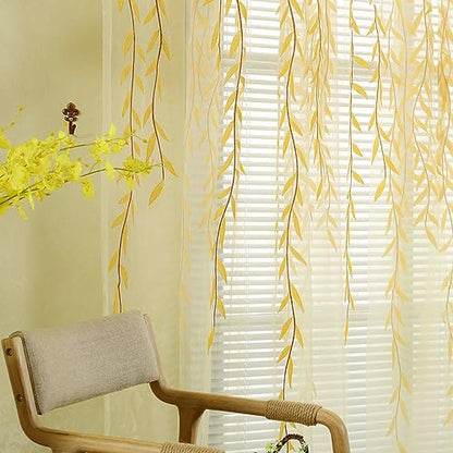Ufurty 2pcs Willow Leaf Window Curtain Voile Tulle Sheer Vine Curtains - color: Yellow Leaf, size: 39.4"W x 78.7"L (Pack of 2)