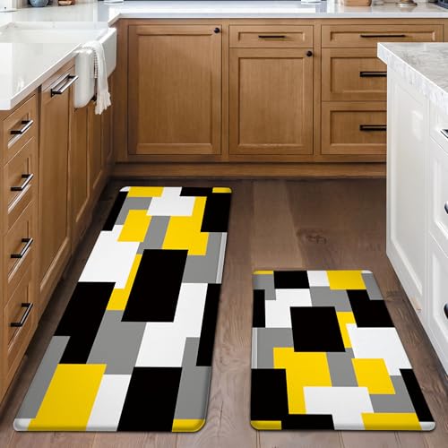 Tyrot Yellow Grey Kitchen Rug Set of 2 Cushioned Anti Fatigue Kitchen Mats for Floor Non-Slip Waterproof Kitchen Floor Mats Geometric Ergonomic Cushioned Comfort Standing Mat for Laundry, Office, Sink - color: Yellow