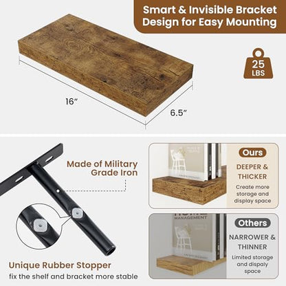 Floating Shelves for Wall, Wall Mounted Wood Shelves, Brown, Set of 2, 16in - color: Rustic Brown, size: 16"W x 6.5"D , 2 Pack