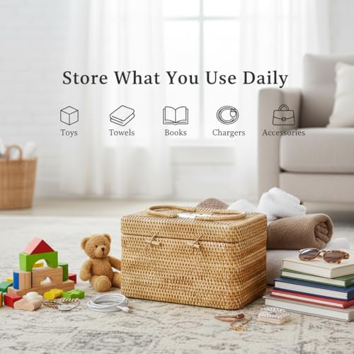 Rattan Storage Basket with Lid – 12×8×7.5 inch for Home - size: 12"×8"×7.5"