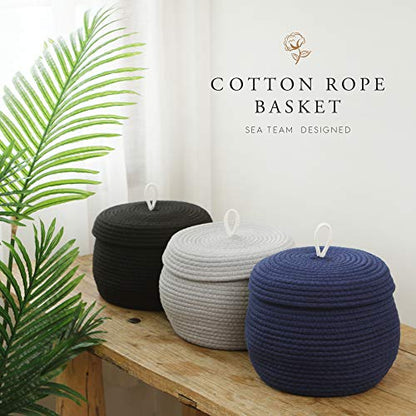 Sea Team Round Woven Cotton Rope Storage Basket with Lid, Navy, 2-Pack - color: Dark Blue, size: Small/2-Pack